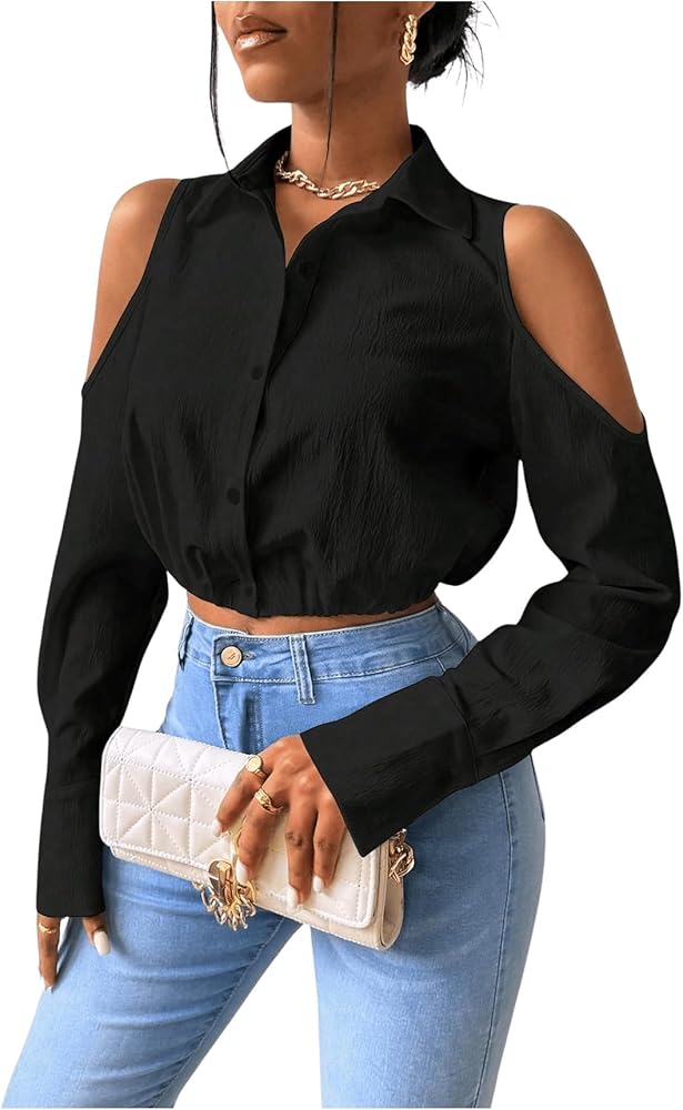 OYOANGLE Women's Cut Out Cold Shoulder Long Sleeve Blouses Button OYOANGLE Women's Cut Out Cold Shoulder Long Sleeve Blouses Button