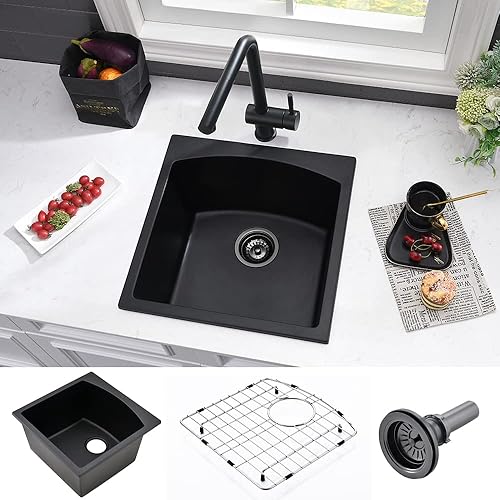 Miniatura 10 de VASOYO - Fregadero de barra negra de 17 pulgadas para montaje inferior, fregadero de cocina de granito de montaje doble, fregadero de cocina de