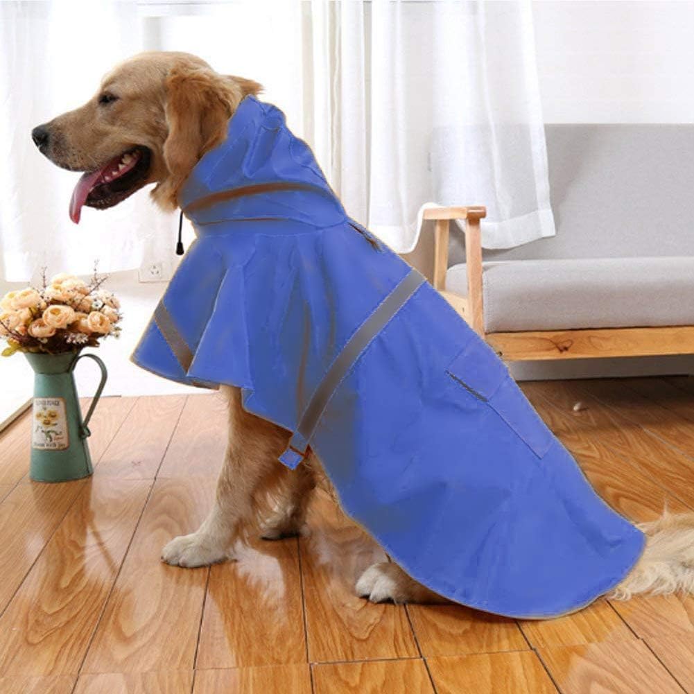 NACOCO Large Dog Raincoat Adjustable Pet Water Proof Clothes Lightweight Rain Jacket Poncho Hoodies with Strip Reflective (XXXL, Blue)