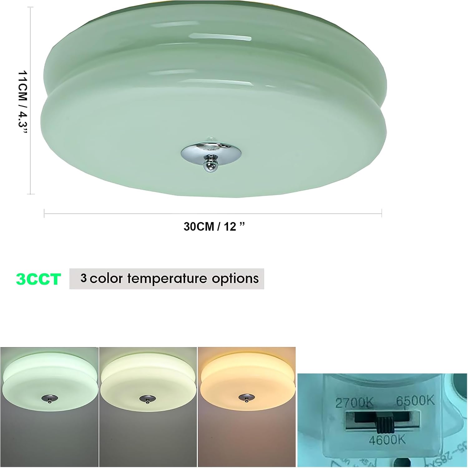 FCTWAKS 12 Inch Mid Century Modern Flush Mount Ceiling Light, Milk Green Glass, 3CCT Selectable, Dimmable, Large Vintage Ceiling Light Fixture for Bedroom, Hallway, Entryway, 30W Led, ETL Listed