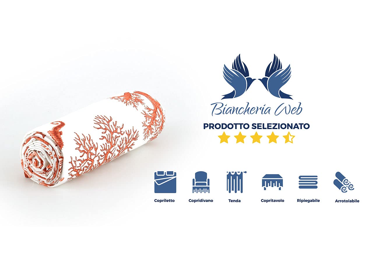 BIANCHERIAWEB Granfoulard Überwurf 180 x 280 cm, Überwurf aus 100% Baumwolle, hergestellt in Italien, Sofaüberwurf oder Tagesdecke für Einzelbett, Muster Koralle Orange