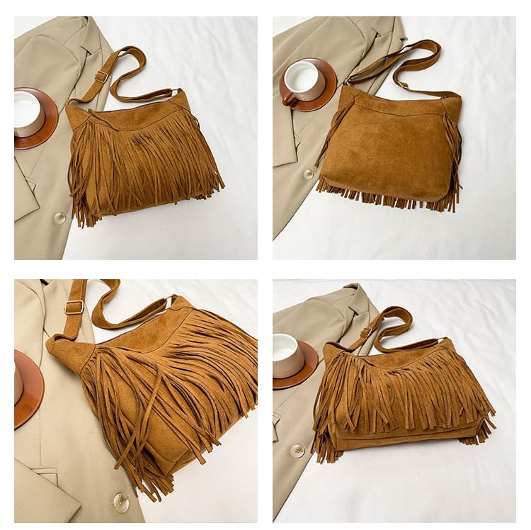 Image of Fringe Hobo Bags for Women - Vintage Suede Tassel Hippie Crossbody Bag Western Purse Cowgirl Purses Tassel Shoulder Bag