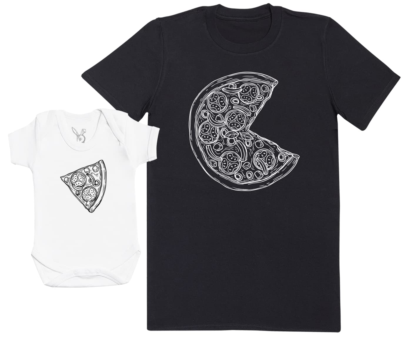Baby Bunny Men's White Pizza & Pizza Slice Black & - Baby Gift, Baby Boy Bodysuit, Baby Girl Bodysuit - 6-12 Months