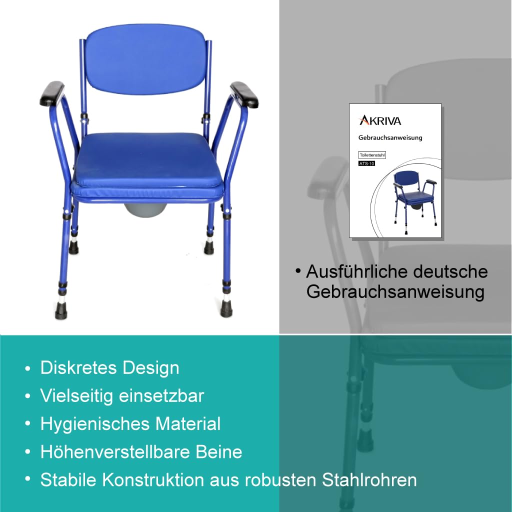 Akriva Toilettenstuhl mit Eimer, höhenverstellbarem Sitz und Rückenlehne，rutschfeste Füße, extra gepolsterter Sitz, WC Stuhl für Senioren & Pflege, Blau