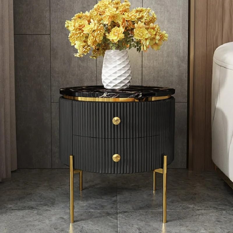 Image of Spain Bedside Table with 2 Drawers, 18x18x18 Inch, Round Sintered Marble Top, Gold Metal Legs & Handle, Waterproof Plywood Body, Modern Side Table for Sofa /Bedroom (Black)