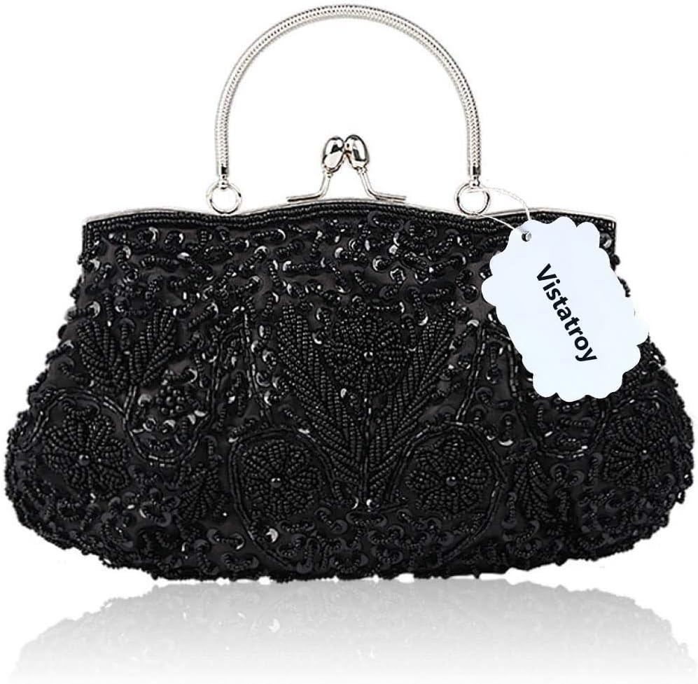 Floral Designer Evening Bag Beaded Sequin Design Vintage Kissing Lock Satin Clutch Purse Bag Wedding Party Clutch - Image 3
