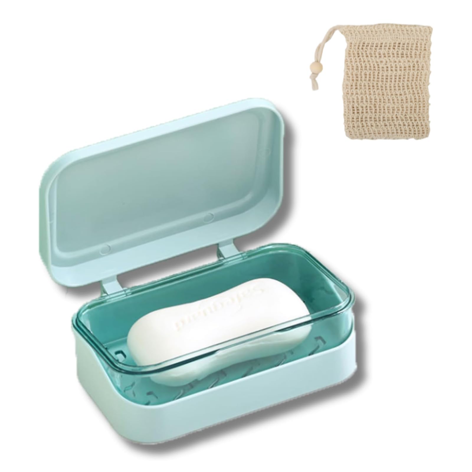 GIONAR Soap Box, Travel Soap Case, Soap Dish with Lid, Soap Dish with Drainage, White Wooden Beads Soap Bag Foaming Net, Soap Case and Cotton Sack Foaming Net(2PCS/Blue)