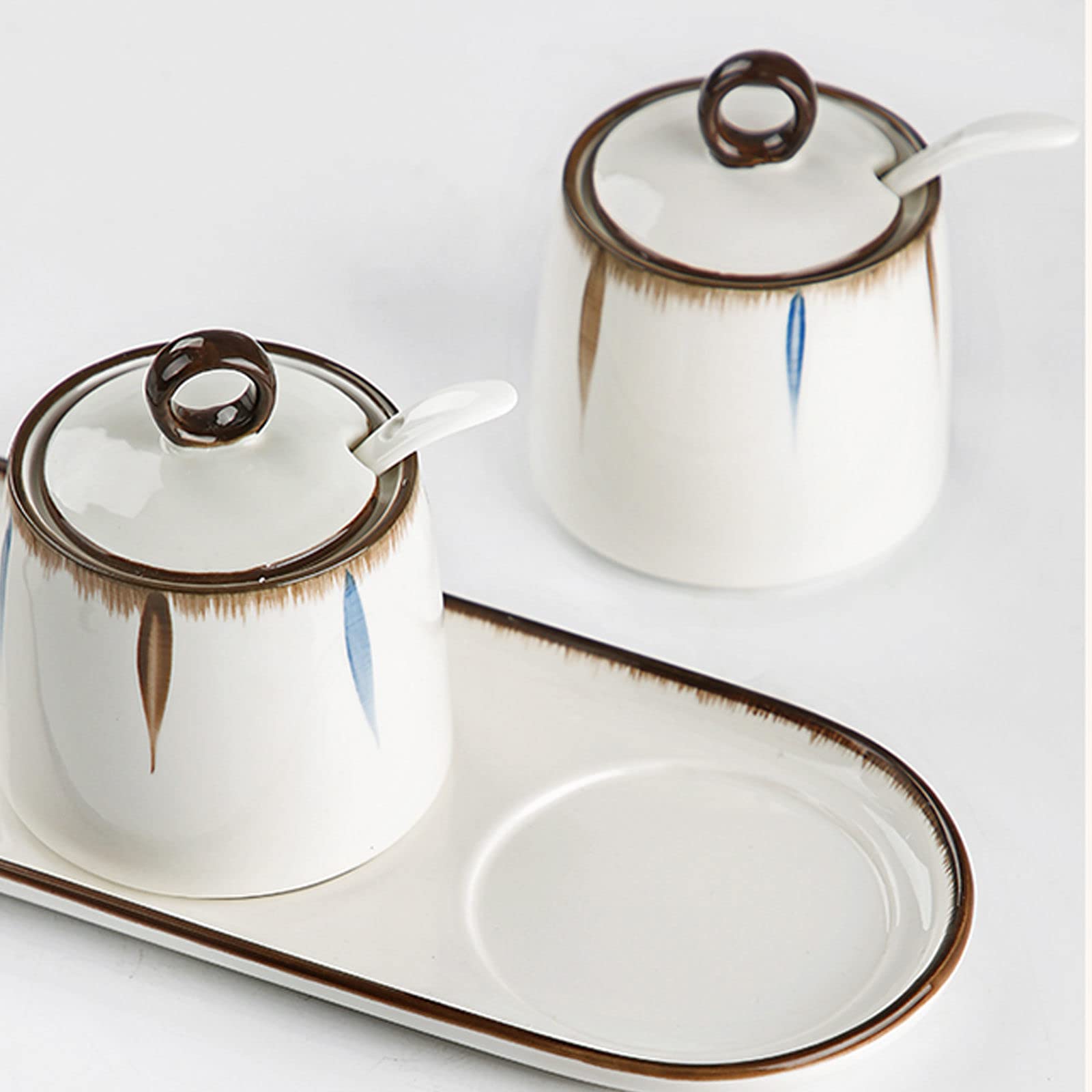 Sucrier en céramique,Contenants à épices, Sucrier avec Couvercle et cuillère, boîtes à Sucre à café en céramique, Pot à épices, Pot à sel, boîte d'assaisonnement-1 (Color : 3 Set of)