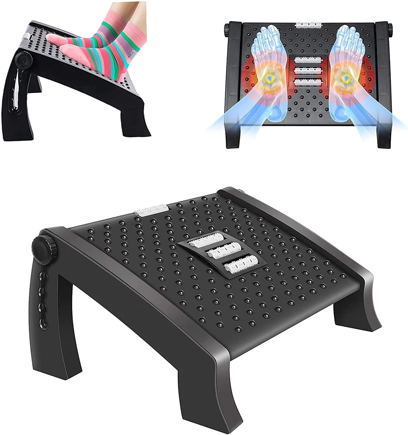 Under Desk Foot Rest Adjustable Height at Work 6 Height Sturdy Office Footrest with Massage Texture and Roller, Ergonomic