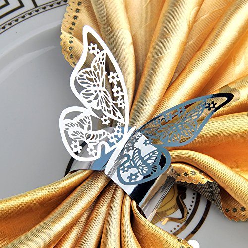 King&Pig 50pcs Laser Cut Butterfly Shape Napkin Rings for Dinners Lunch Tables Home Wedding Birthday Date Anniversray Party Decorations (Bright Silver)