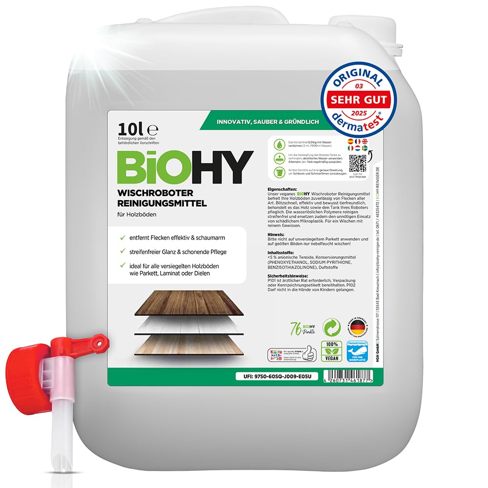 BiOHY Detergente robot pulenti (Lattina da 10 Litri) + Rubinetto di scarico | Detergente per i pavimenti in legno | parquet e laminato | Concentrato economo dall'odore fresco (Wischroboter Holz)