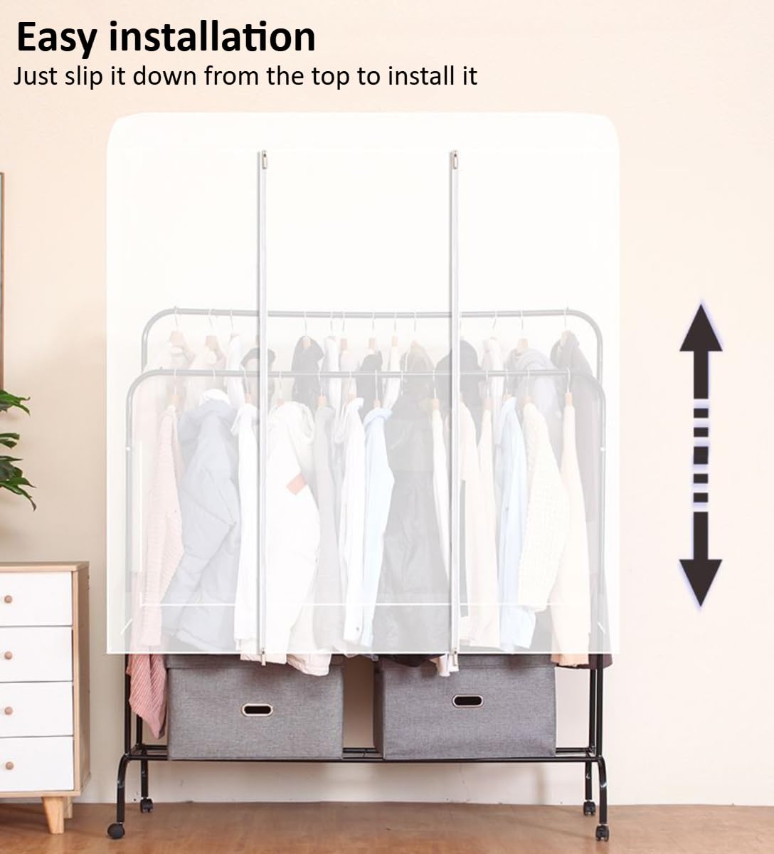 Housse de porte-vêtements – Protection translucide double tringle à suspendre avec fermeture éclair, housse anti-poussière réutilisable pour la maison, le magasin, le bureau