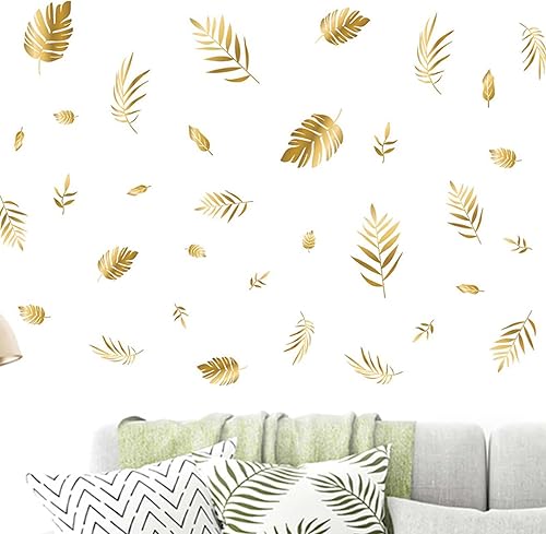 Miniatura 6 de Calcomanías de pared de hojas doradas, calcomanías de pared de vinilo dorado, calcomanías de pared de hojas botánicas para sala de estar,