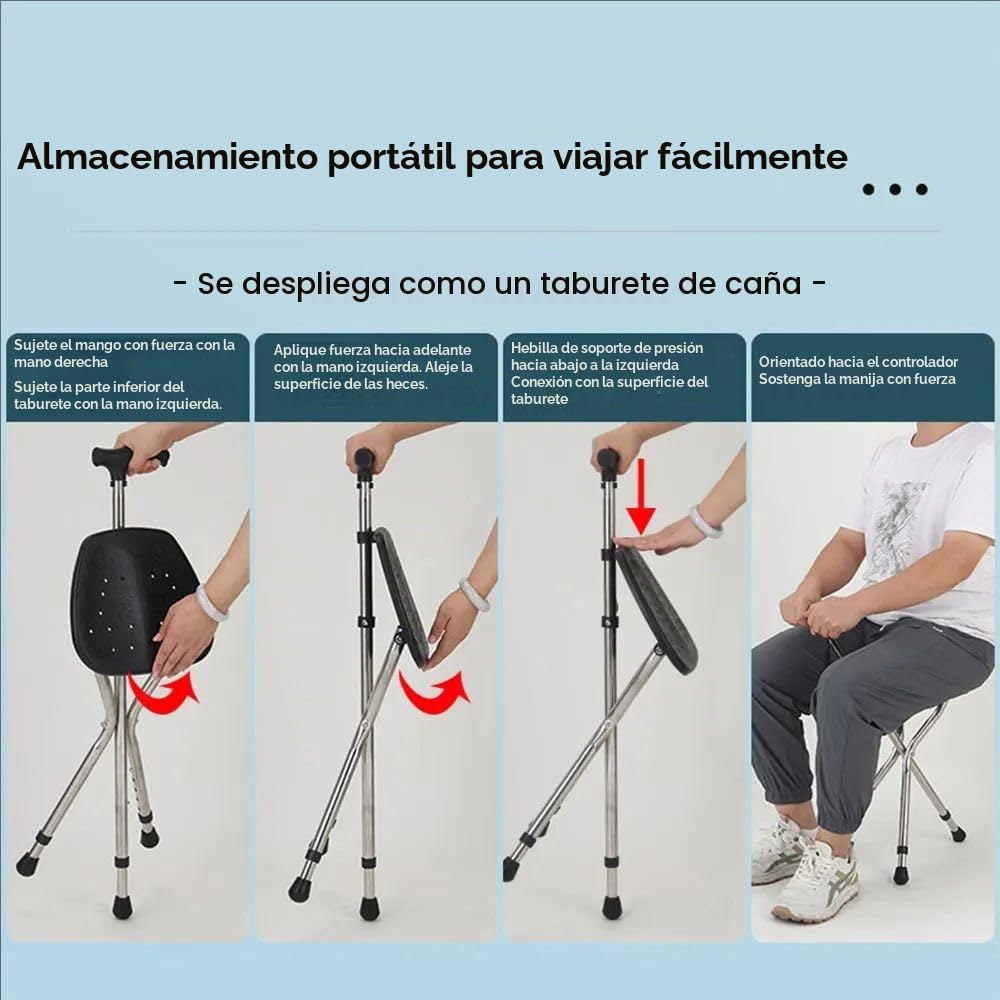 Baston Silla Plegable,Bastón con Asiento Plegable,Bastón Robusto con 3 Patas,Capacidad De Carga De 120 Kg,Cinco Alturas Ajustables,Adecuado para Personas Mayores,Discapacitados y Tumbonas
