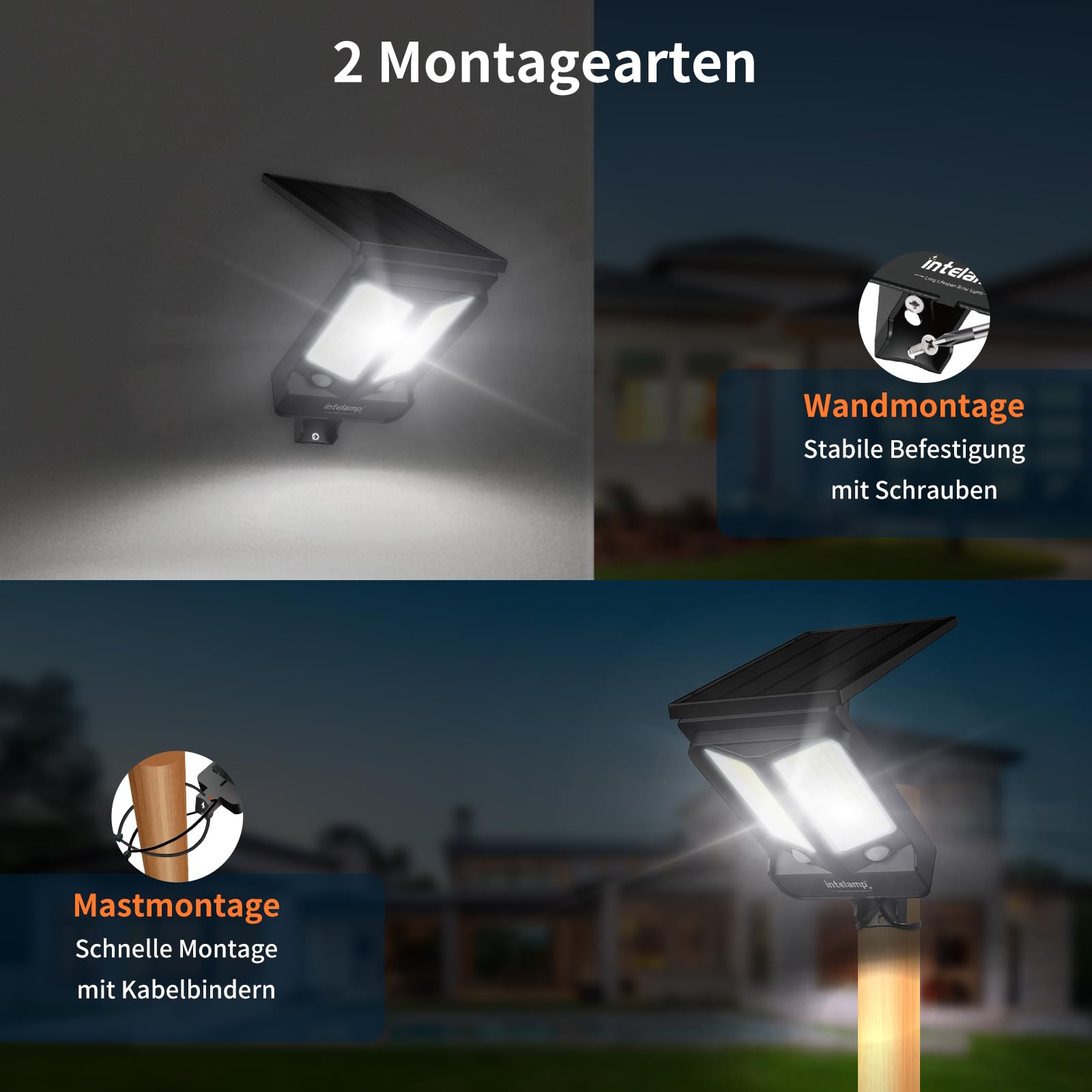 INTELAMP Solarlampen für Außen mit Bewegungsmelder 4000mAh 1200LM (2) | Fernbedienung, Timer & Dimmer, 180° Dual-Sensor, keine Störung benachbarter Leuchten, IP65, ideal für Garage, Hof & Garten