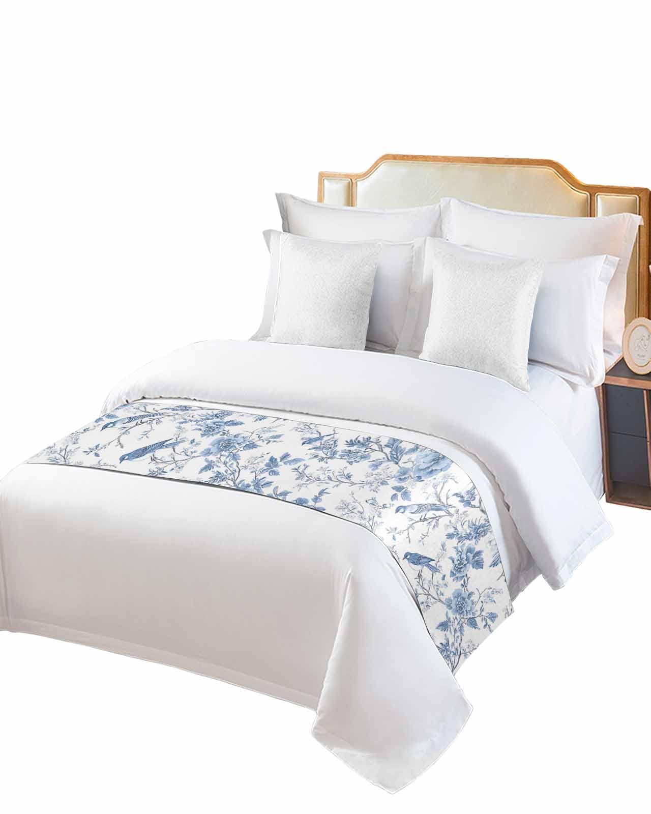 White Blue Spring Floral Bed Runner for King Size, Summer Birds Botanical Bedspread Protector Slipcover Bed Scarf for Foot Runners & Scarves for Bedroom Hotel Wedding Room 102x20 Inches