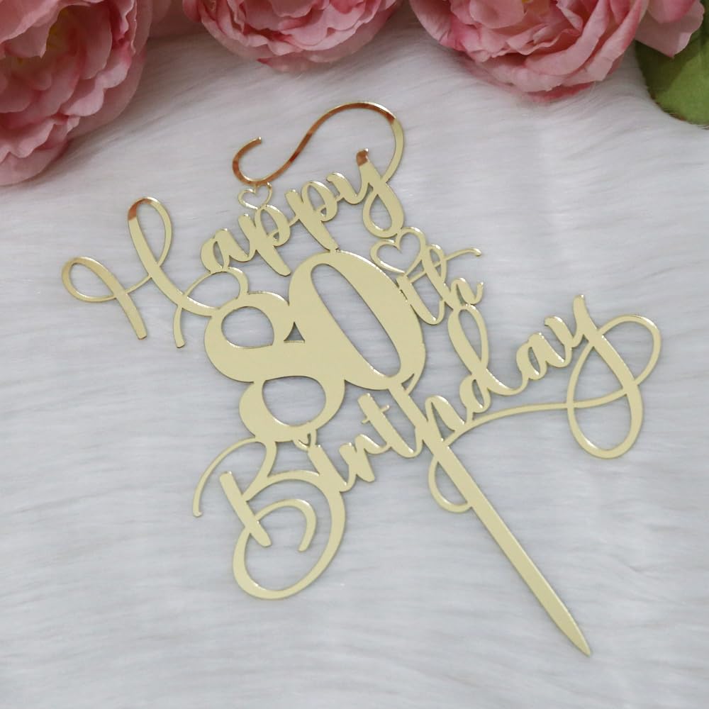 Ruscalin Happy 80th Birthday Cake Topper，Mirrored Gold Acrylic Birthday Topper for Cheers to 80 Years Birthday/Anniversary Party Decoration Ideas, Perfect Keepsake for your family and friends(80th)