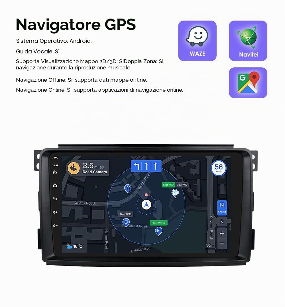 Autoradio Android 14 9 Pollici per Smart fortwo 451 2005 2006 2007 2008 2009 2010, compatibile con Carplay/Android Auto Wireless, Comandi al Volante, Wi-Fi/4G, FM 4 core 2 GB e 64 GB