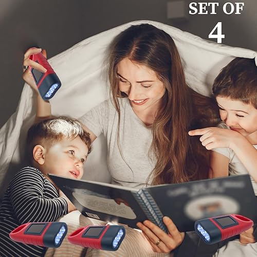 Miniatura 2 de Evelots Linternas solares de manivela (paquete de 4) linterna recargable de supervivencia de emergencia para campamento, coche, fácil de 3 luces LED