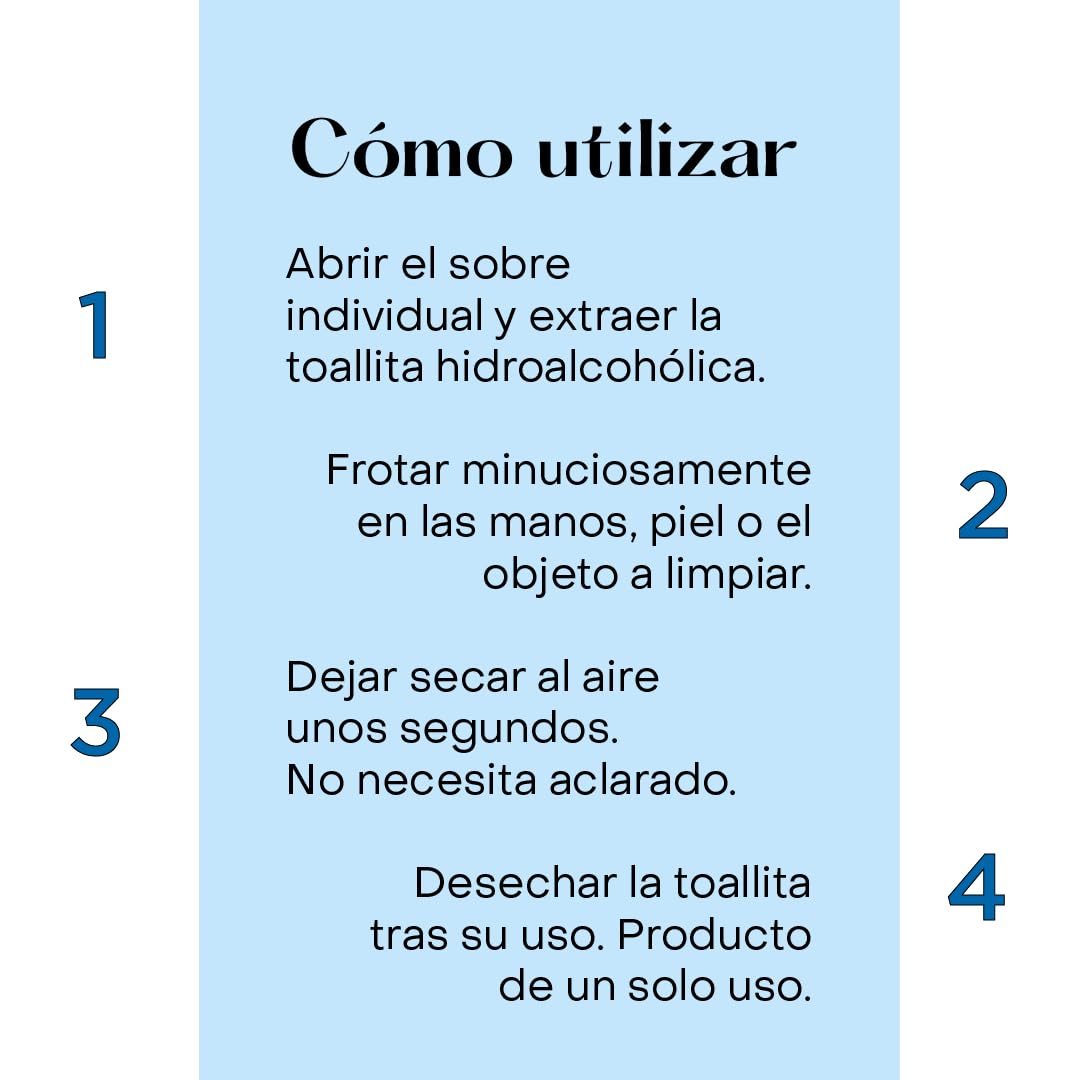 Toallitas Hidroalcohólicas Monodosis para Manos y Piel Sana, Alcohol Denat 70–72% con Glicerina, Higiene sin Aclarado, Formato Bolsillo, 100 Unidades