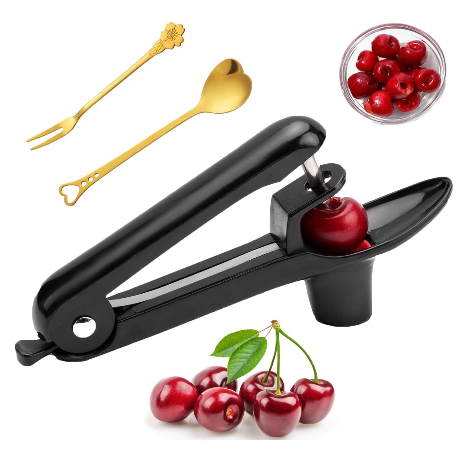 Heavy-Duty Stainless Steel Cherry Pitter Tool - With Lock, Includes Dessert Spoon & Fruit Fork (Black/Green)