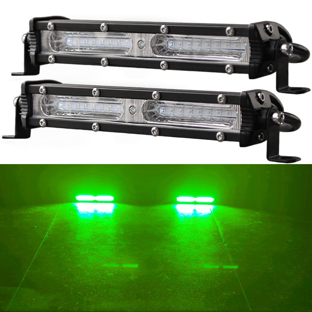 7Inch Green LED Boat Hunting Lights Bar 2PCS Single Row Slim Auxiliary Work Lights Green Fishing Navigation Lights fit for car Houseboat Yacht Airboat Fishing Docking Decking Lighting