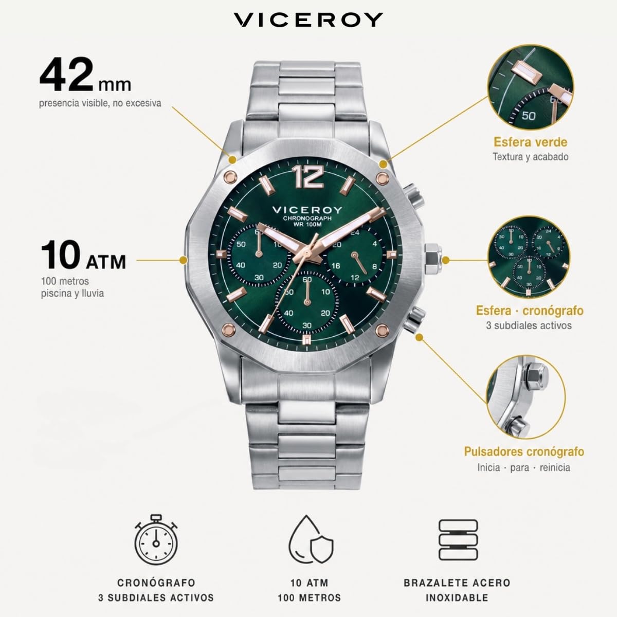 Viceroy Reloj Cronógrafo Hombre de Acero Inoxidable - 42 mm - Movimiento de Cuarzo - Acabado Dorado - 401447