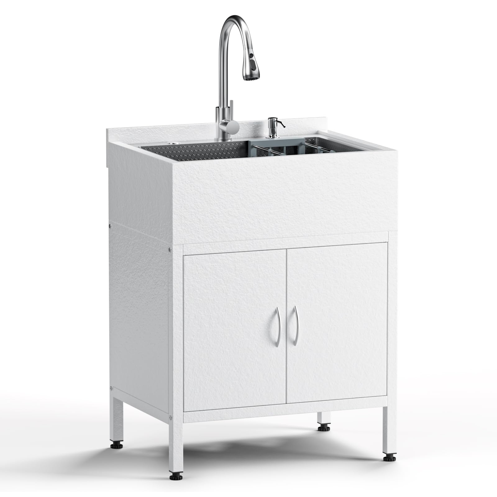 Évier utilitaire autonome de 66 cm avec armoire meuble de rangement et robinet rétractable