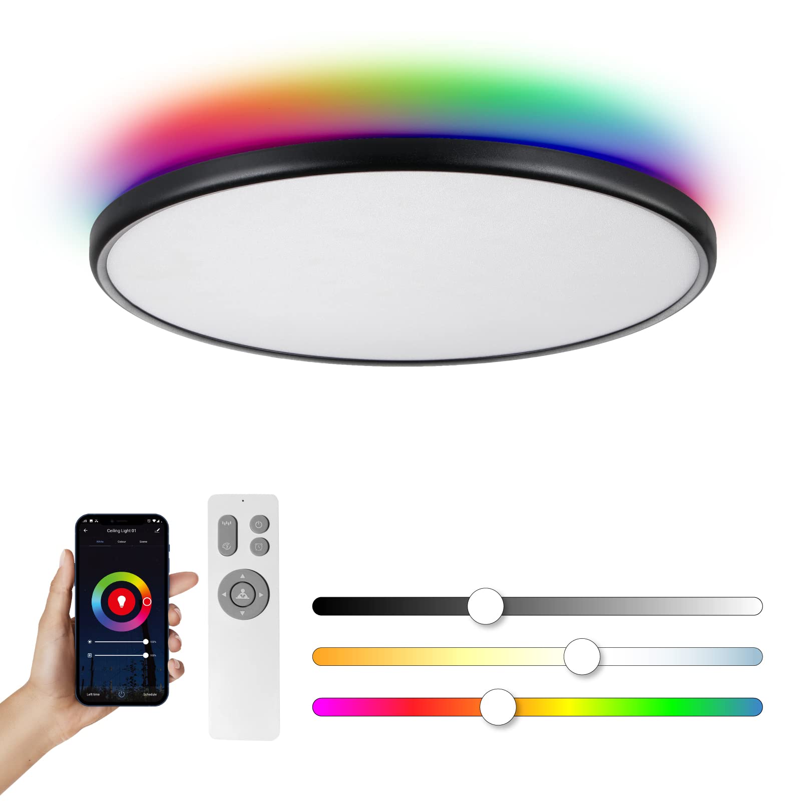 Photo 1 of Roomratv 18Inch Smart Ceiling Light, Alexa Ceiling Light with Remote Control, RGB Color Changeable, Black Flush Mount Ceiling Light with App Control,36W+4W, Input 120V Black 18inch