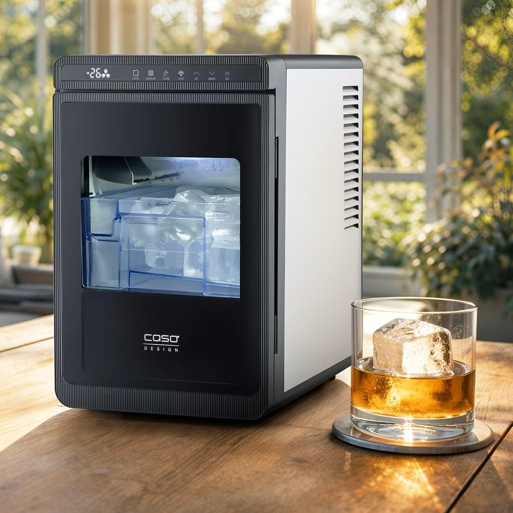 CASO Clear Ice Advanced - Máquina para hacer cubitos de hielo con compresor - Silenciosa 48 dB, cubitos de hielo transparentes y mate, 8-12 min, depósito de agua de 1,5 l, autolimpieza, negro mate