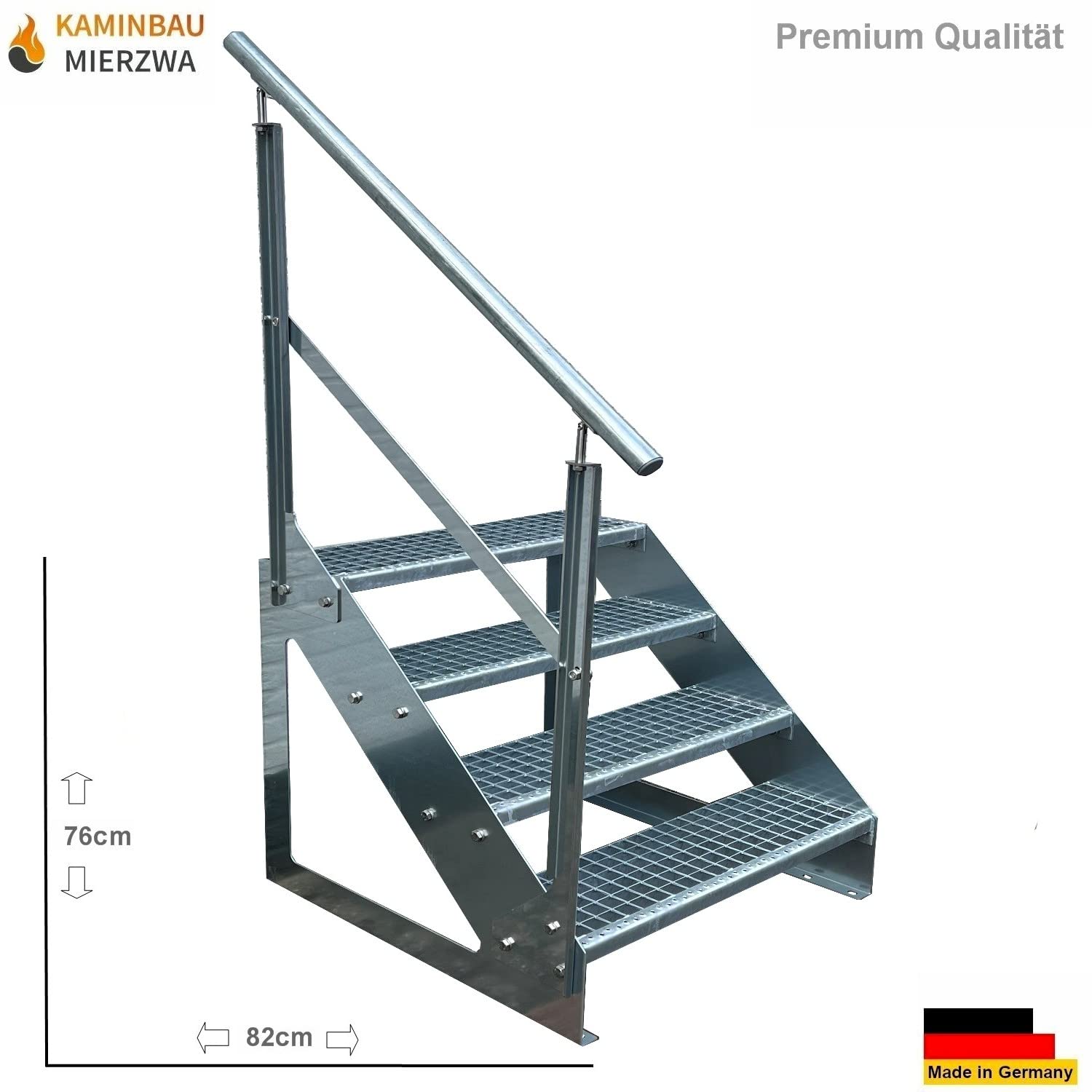 Premium Caillebotis acier Escalier à limon 4 Marches Autoportant Entièrement galvanisé avec garde-corps à gauche - Dimensions (L x l x H) 82cm x 60cm x 76cm