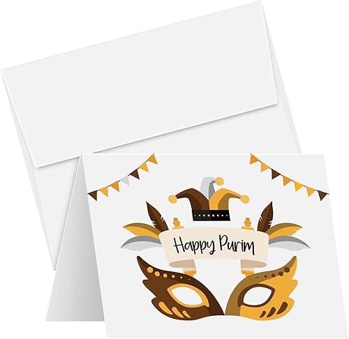 Miniatura 1 de 25 tarjetas de felicitación Happy Purim, máscara tradicional de símbolos de Purim, pergamino, invitaciones de felicitación religiosas judías,