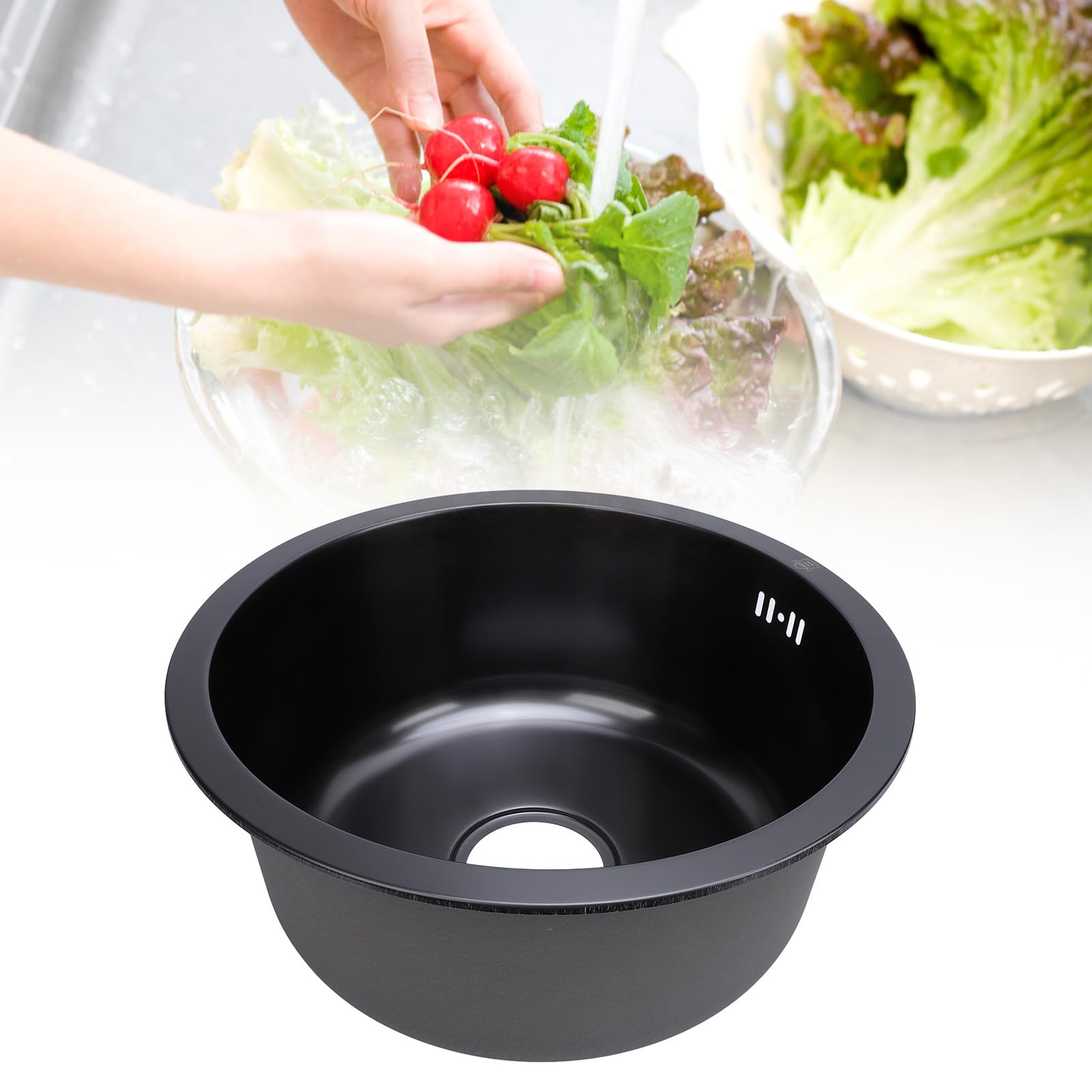 Lavello da Rotondo Singolo in Acciaio Inox, Diametro Esterno 42 cm. Lavello da Rotondo. Lavello da Sottotop (Nano Nero)