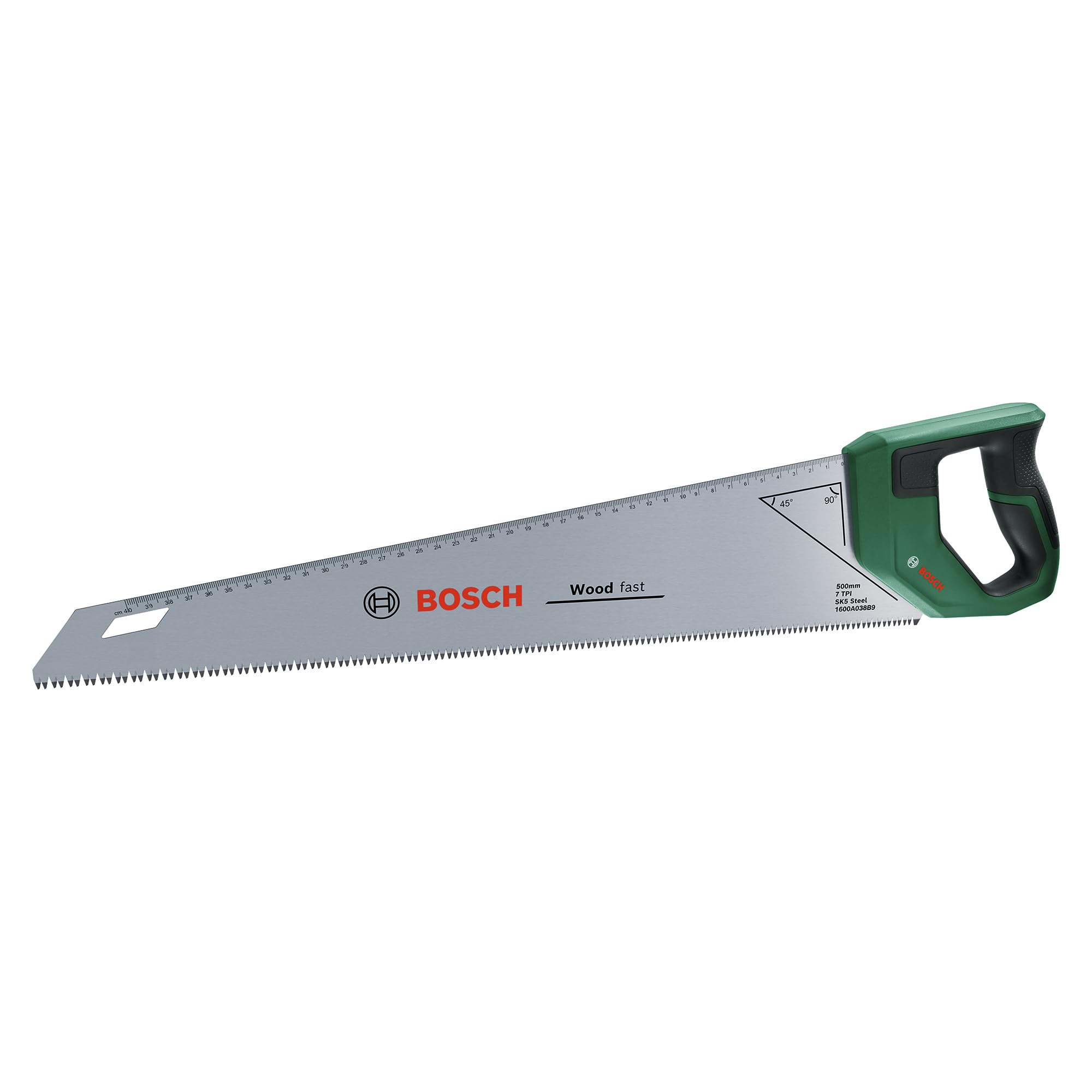 Bosch Green Handsaw 500 Mm (Sk5 Steel Saw Blade For Fast Cuts In Wood; 7 Tpi; Induction-Hardened Teeth; 45°/90° Marking Guide; 40 Cm Metric Scale; Ergonomic Softgrip)