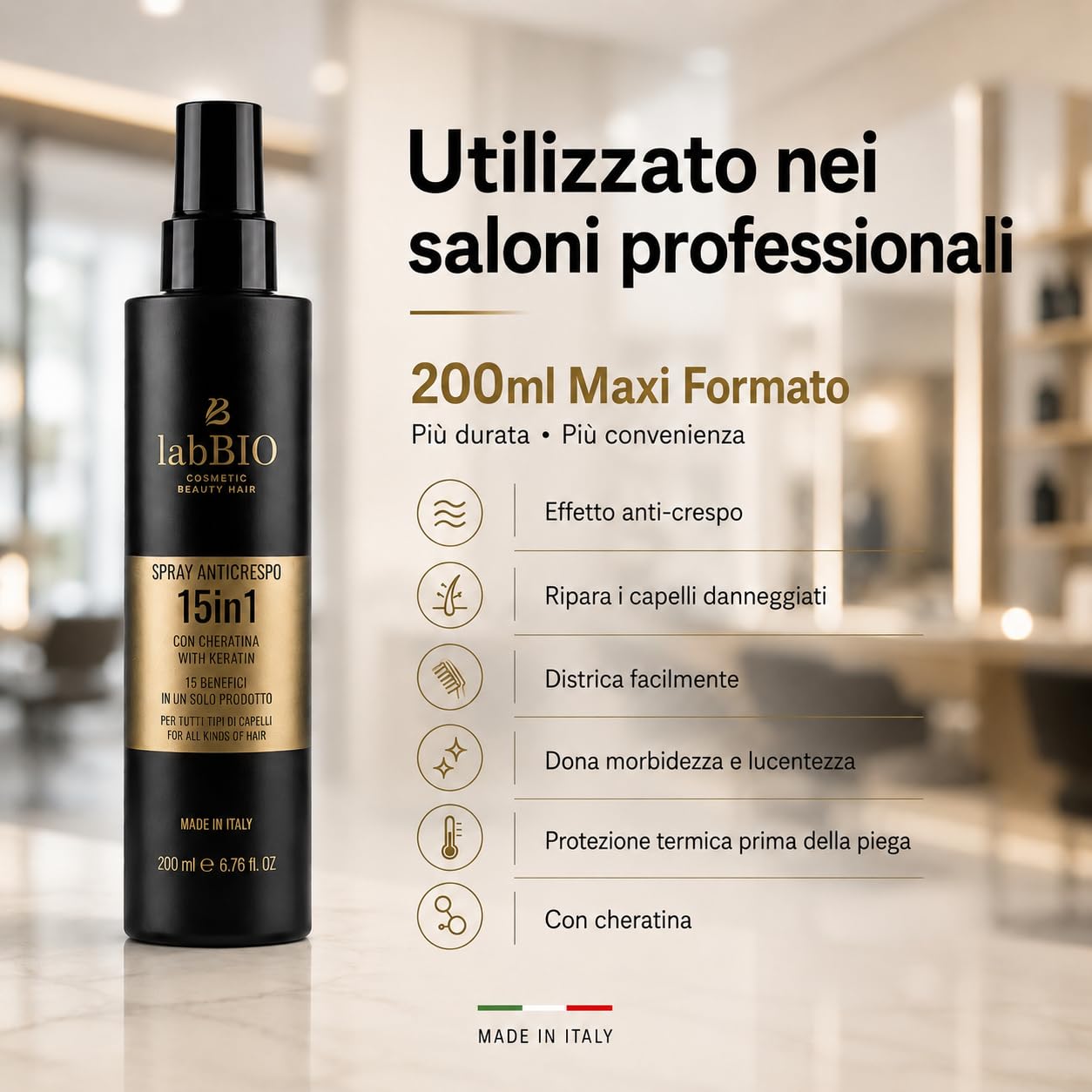 Spray Anticrespo senza risciacquo con keratin 200ml,Districante e Riparatore per Capelli Danneggiati, Protezione Calore, Ideale Dopo Mare e Sole e Anti Umidità, Effetto Lucido e Setoso