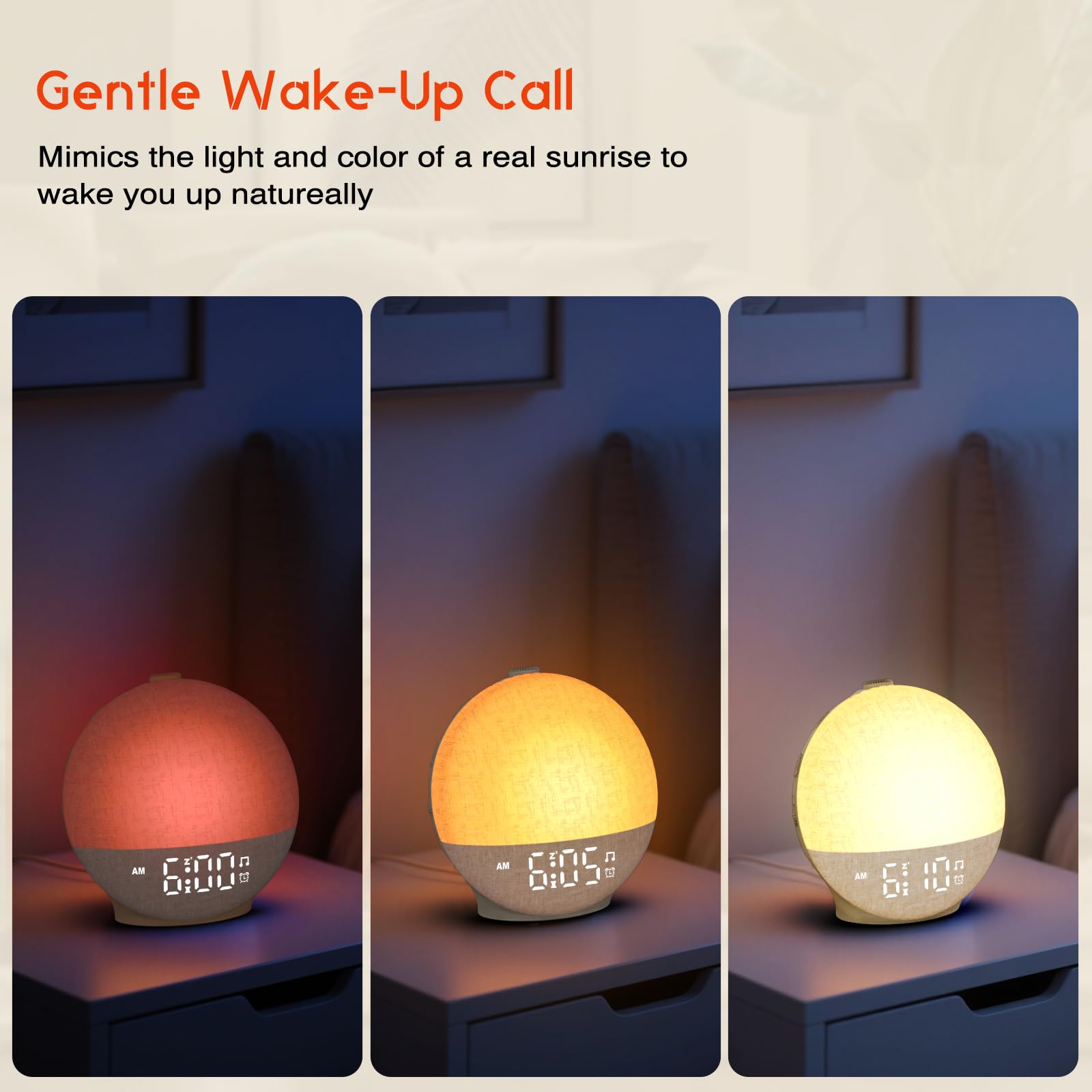 Reloj Despertador con Simulación de Amanecer, Despertador con Lámpara LED de Noche, 30 Efectos de Sonido Que Ayudan a Dormir, Función Temporizador y Snooze