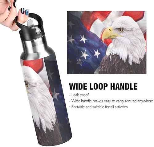Miniatura 5 de Botella de agua con la bandera estadounidense para niños, botella de águila calva con tapa con pajilla, termo de agua aislado de acero inoxidable, a