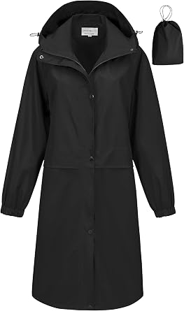 CREATMO US Womens Long Waterproof Rain Coats Lightweight Rain Jacket Packable Windbreaker with Removable Hood