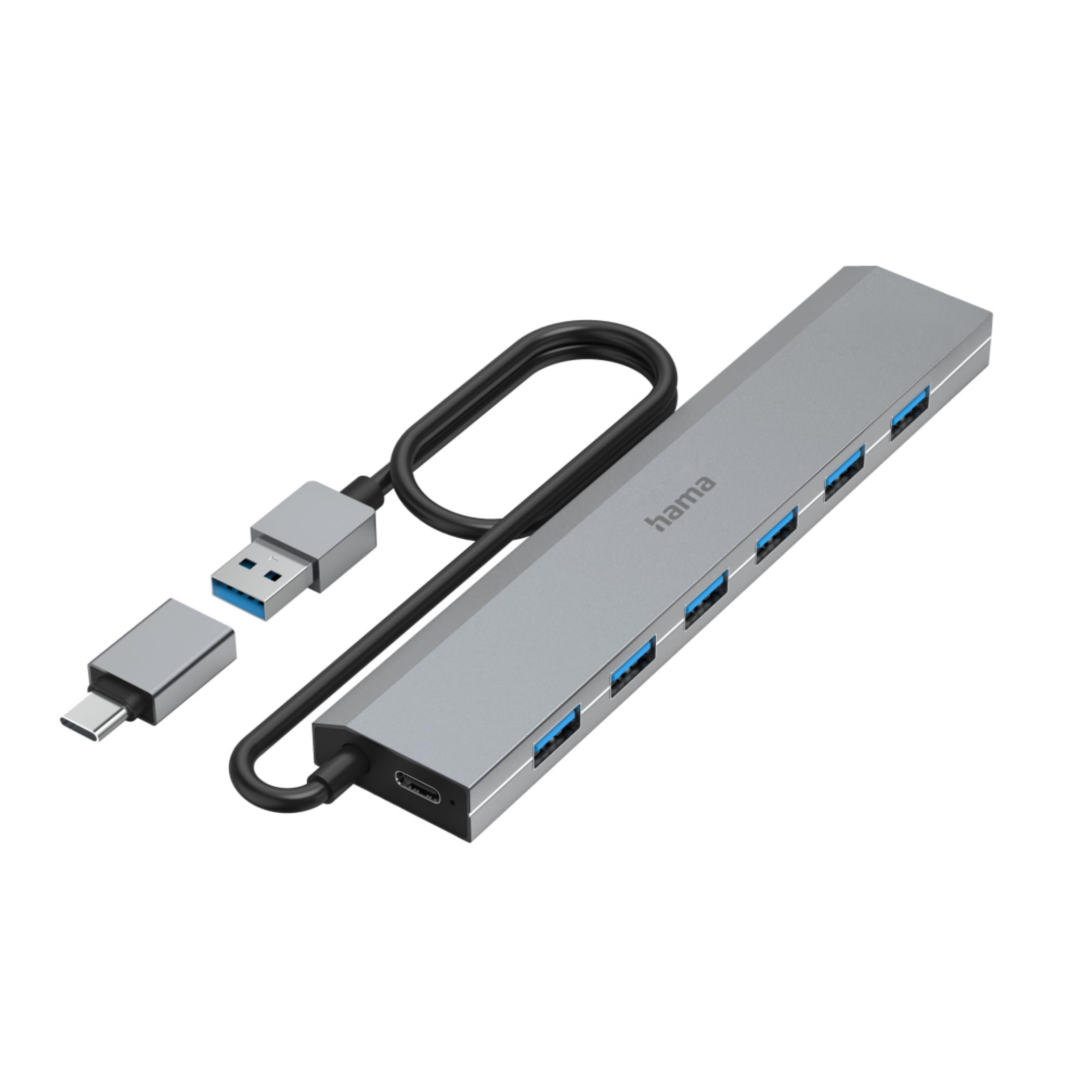 Hama Hub USB 7 porte (porta USB-A e USB-C con alimentatore, 7 x USB-A per mouse, tastiera, disco rigido esterno, chiavetta USB, ecc., alloggiamento in alluminio, adattatore USB per ufficio, casa
