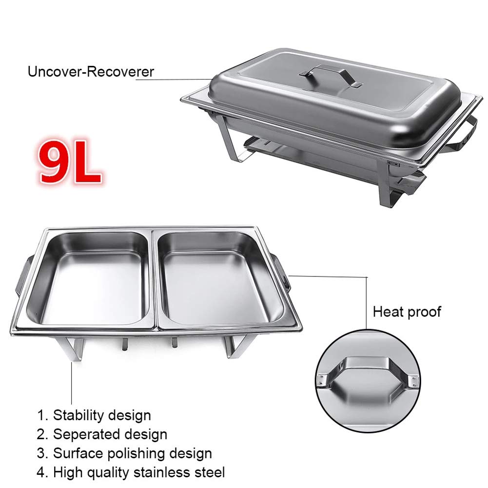 Set completo per buffet di pentole calde in acciaio inossidabile Scaldavivande di dimensioni standard con vassoio per l'acqua, piatto per alimenti di mezza misura, griglia per carburante e coperchio
