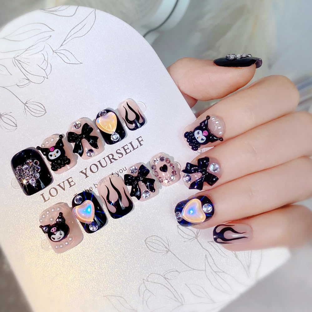24Pcs Cute Animal Press on Nails Short Square Cartoon Fake Nails Heart Bows Nail Charms Gems Design Acrylic Nails Supply Kawaii False Nails Stick on