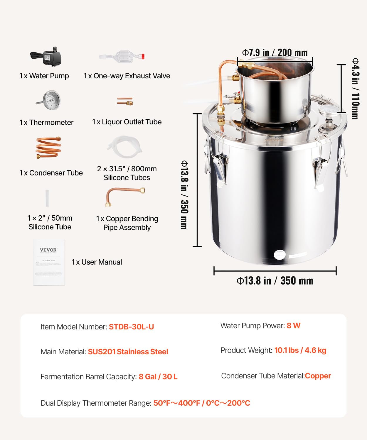 VEVOR Destilador de Alcohol Acero Inoxidable 30 L con Bobina de Cobre, Kit de Fermentación para Cerveza Casera con Termómetro y Bomba