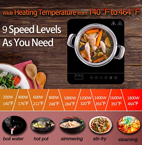 Portable Single Induction Cooktop Hot Plate Countertop Burner Cooker 1 Burner, 1800W, 9 Power Levels, 10 Temp Levels, Timer, Auto-Shut-Off, Touch Panel, LED Display, Child Safety Lock, Black - Image 3