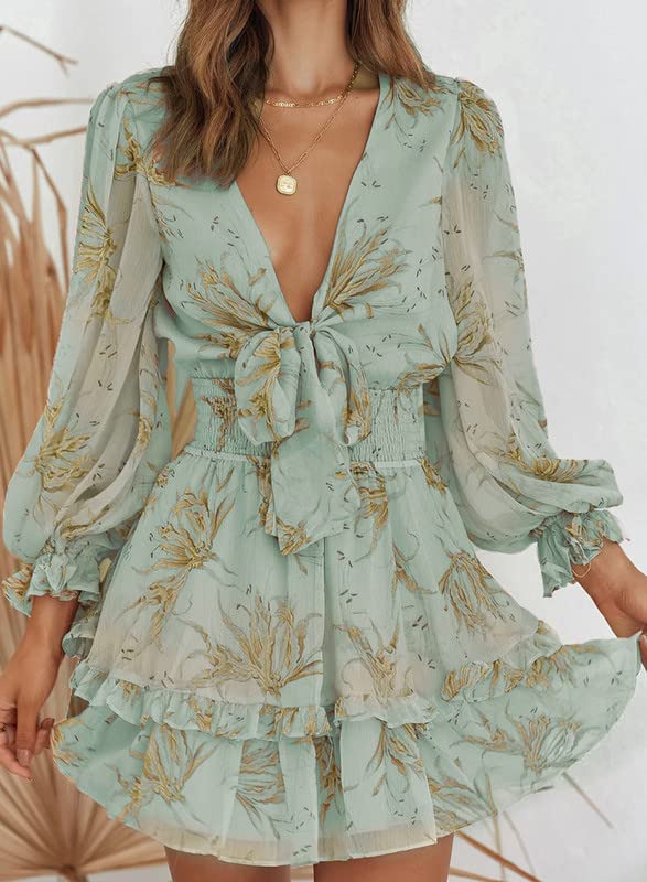 Image of Dokotoo Womens Casual Spring Fall 2025 Deep V Neck Knotted Tiered Chiffon Elegant Mini Short Swing Skater Dresses