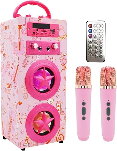 Máquina de karaoke Bluetooth para niños con 2 micrófonos, control remoto inalámbrico, portátil, música de karaoke, reproductor de MP3, altavoz con