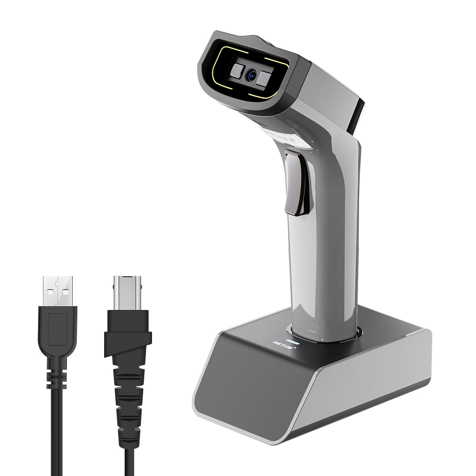 NETUM Bezprzewodowy skaner kodów kreskowych Bluetooth z podstawką ładującą, czytnik kodów kreskowych 2,4 G, USB 1D, CCD, bez użycia rąk, automatyczne skanowanie dla systemu Windows, Mac, iOS, Android