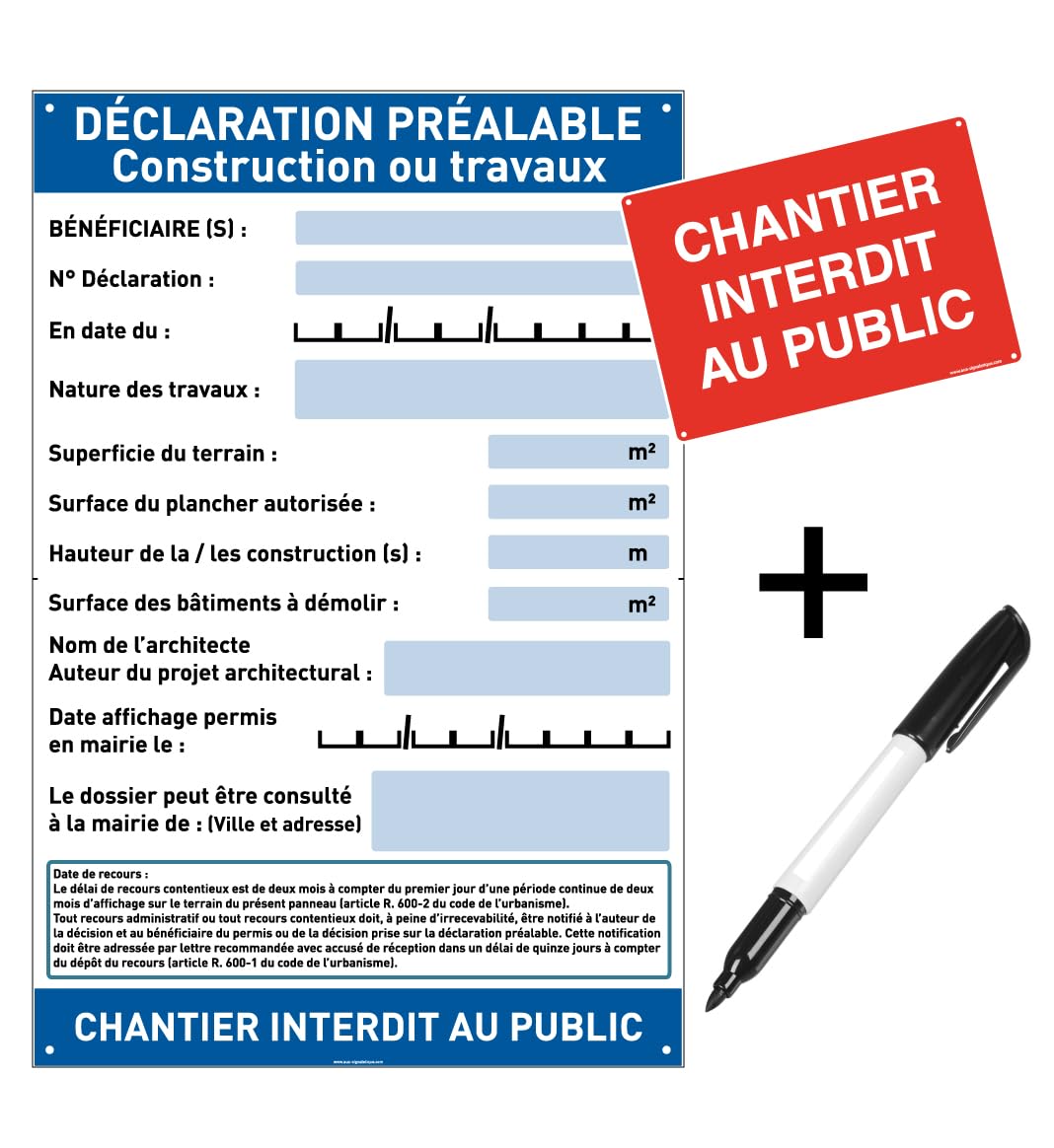 AUA SIGNALETIQUE - Panneau Déclaration Travaux Chantier– Akilux 5 mm – 80 x 120 cm – Avec Marqueur + Panneau “Chantier interdit au public” (Déclaration Préalable Travaux)