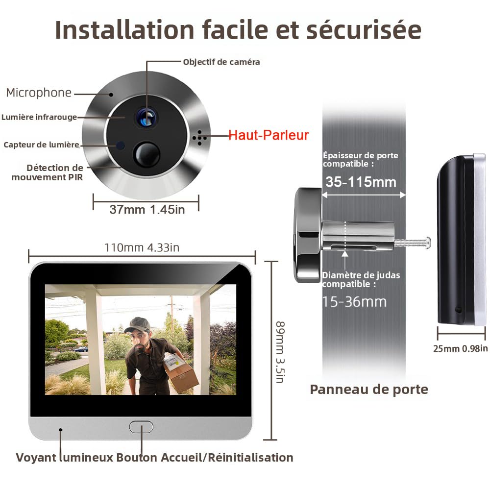 2K Judas de Porte Caméra Surveillance avec Audio Bidirectionnel,Détection de Mouvenment, Visiophone Connecté Interphone Vidéo,Judas Numérique 4.3'' Écran Batterie 5000mAh,Vision 140°,Vision Nocturne