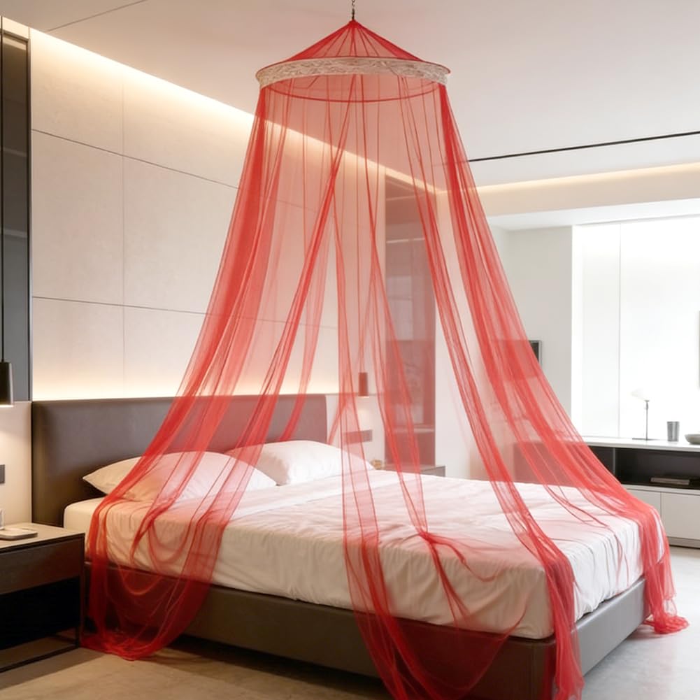 HATFRYF Dome Mosquito Net, Bed Canopy, Dome Canopy Bed Large Hanging, Mosquito Net for Travel&Room Single to Double Universal, Breathable Mesh Effective Anti, Girls Boy Room Decor - Red