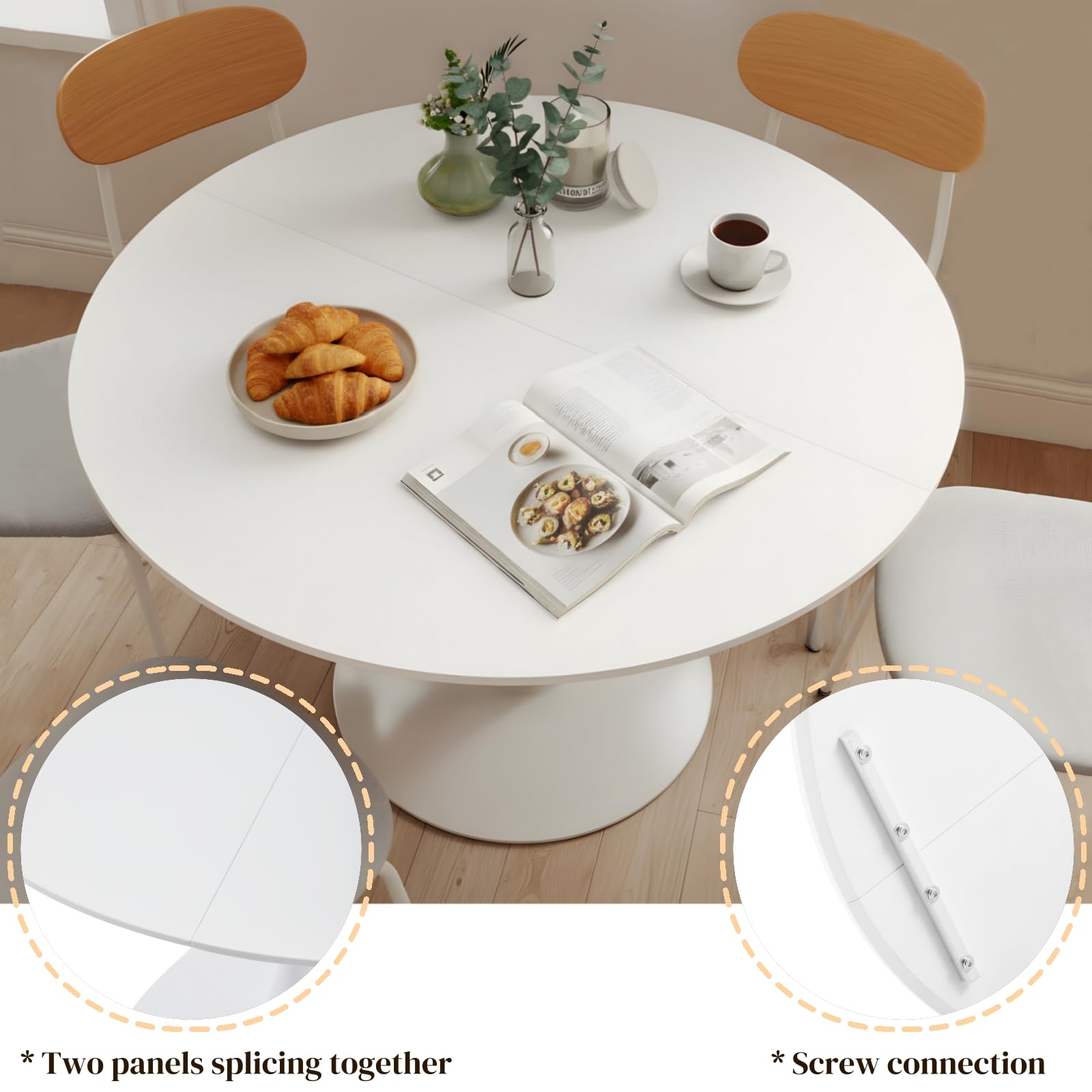 Table à Manger Ronde Blanche 110 cm, Table de Cuisine Ronde pour 4 à 6 Personnes, Style Scandinave, Pied Central Métal Stable, pour Cuisine, Salle à Manger, Salon, Bureau, Blanc